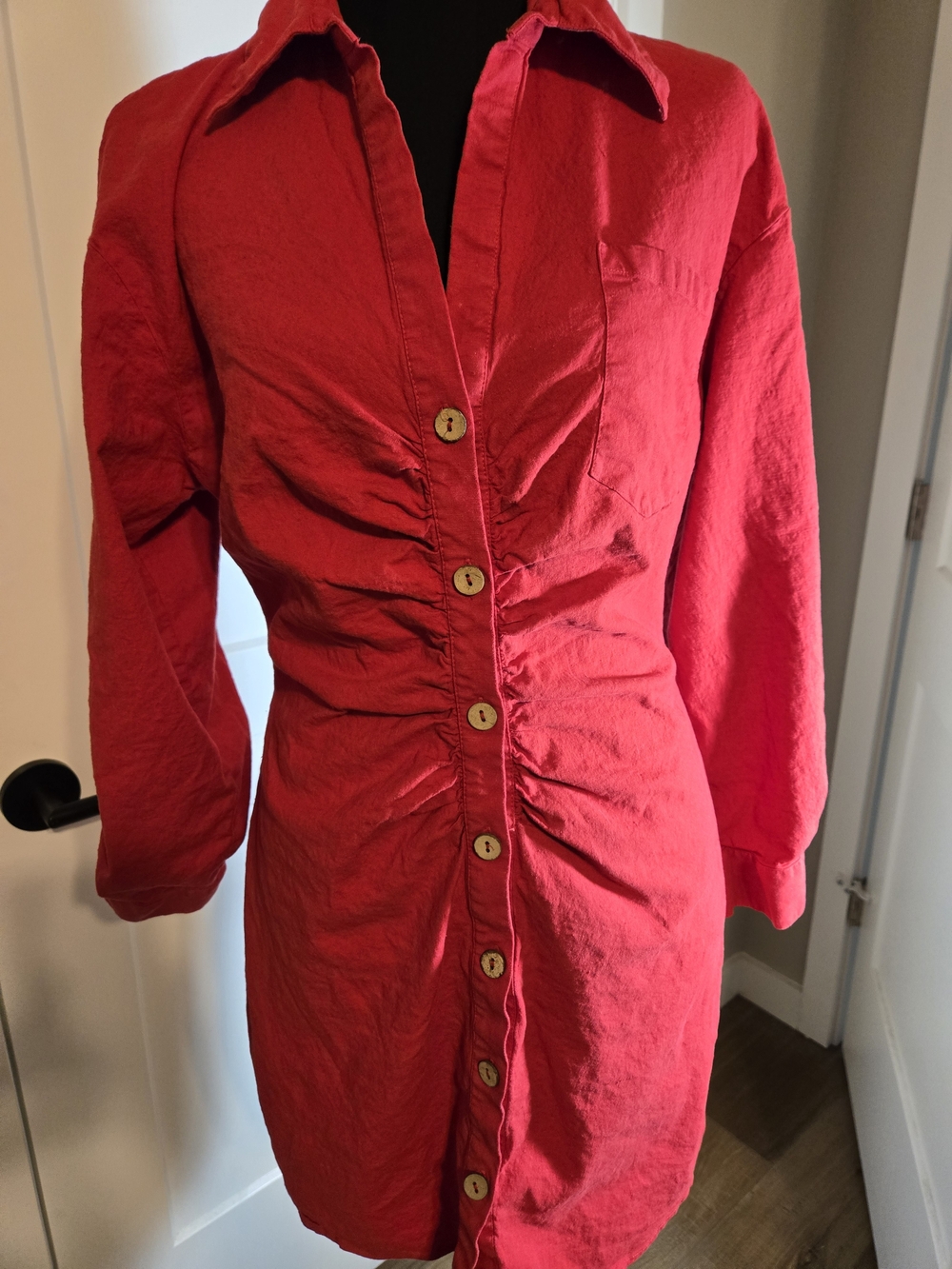 Zara Red Linen Blend Ruched Button Front Mini Shirt Dress Sz L